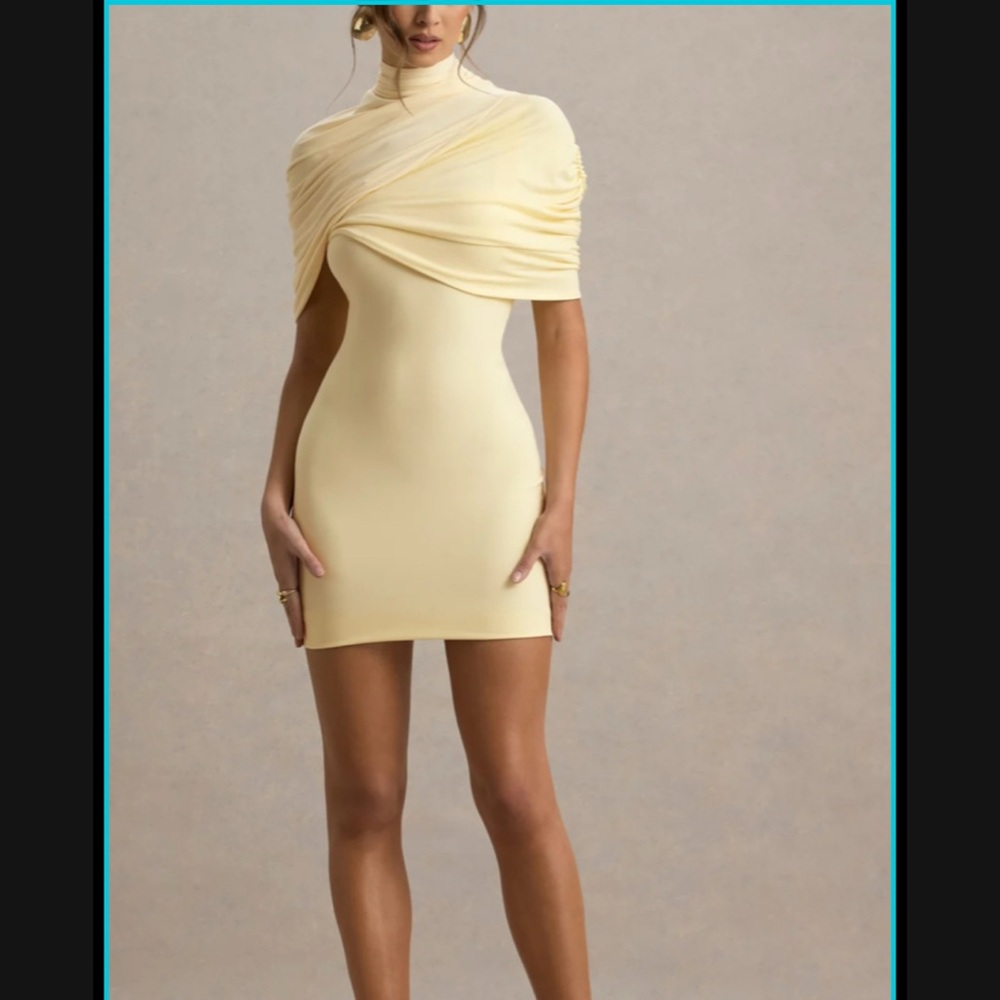 Elegant (Butter) yellow BODYCON MINI DRESS WITH TWISTED CAPE